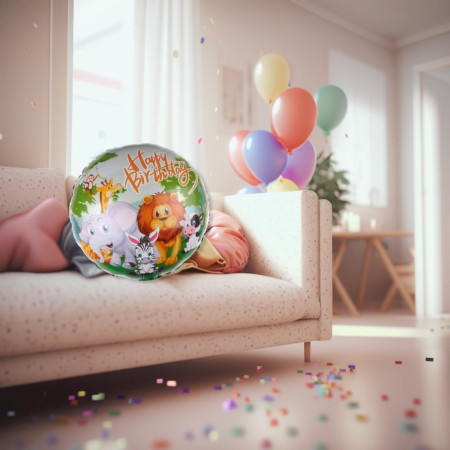 Balon din Folie Metalizata, Cyrax, Mini Figurina Rotunda, Model Animalute, Happy Birthday, Tematica Aniversare, 45 cm, Ambalaj Individual, Pai Inclus, Umflare cu Aer sau Heliu, Multicolor