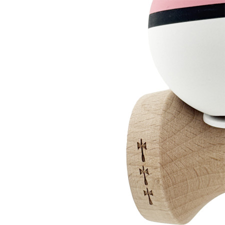 Kendama X Originala, Profesionala, Cyrax, Cupe Mari KING SIZE V3, Rubber Grip, Gaura in Baza, Rulment Metalic, din lemn 18 cm, Ata 62/65 cm, S Bicolor Roz/Alb