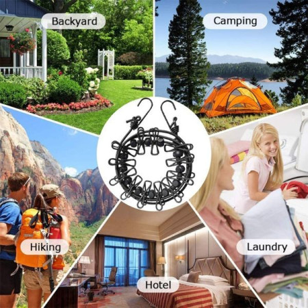 Sfoara pentru Uscarea Hainelor,  Uscator Sfoara Portabila, 12 Clips-uri Incluse, Lungime 180 cm, PP Cablu de Otel, Negru