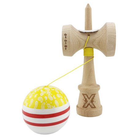 Kendama X Originala CHICANOS, Profesionala, Cyrax, Cupe Mari KING SIZE V3, Super Sticky, Gaura in Baza, Rulment Metalic, din lemn 18 cm, Ata 55 cm, Galben/Alb
