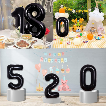 Balon din Folie Metalizata Cyrax, Figurina Cifra, Tema Aniversare 40 cm, Ambalaj Individual, Pai inclus, Umflare cu Aer sau Heliu, Negru, Cifra 5