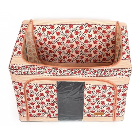 Cutie de Depozitare Pliabila,  66 L din Bumbac si In, 52 x 42 x 39 cm, Fereastra Frontala, 2 Usi de Acces cu Fermoar Bidirectional, Cadru Metalic, Suport Baza Stabil din Plastic, Motiv Traditional Model 7