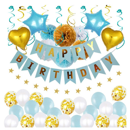 Banner Happy Birthday 100x200 cm, Cyrax, Dimensiune Stegulet 11.5x16.5 cm, Rola de Ata Inclusa, Albastru