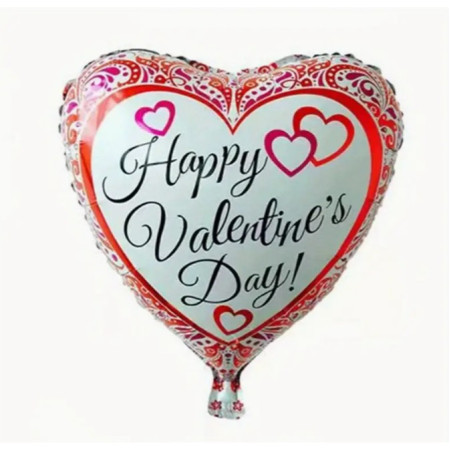Balon din Folie Metalizata, Cyrax, Figurina Inimioara, Model Happy Valentine's Day, Tematica Iubire, 45 cm, Ambalaj Individual, Pai Inclus, Umflare cu Aer sau Heliu, Rosu
