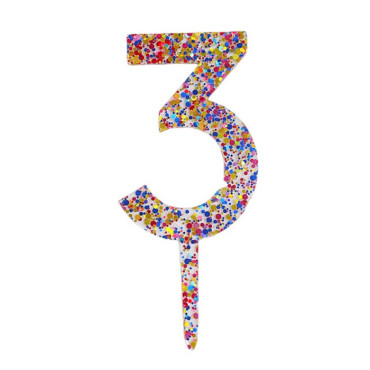 Decoratiune Topper pentru Tort, Cyrax, din Acrilic cu Fulgi de Sclipici, Model Cifra 3, Inaltime 18.5 cm, Transparent Multicolor 