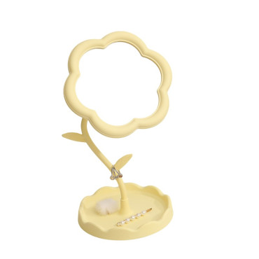 Oglindă de Machiaj pentru Birou, Cyrax, Rotativă, Detasabilă, Model de Floarea Soarelui, Suport pentru Inele, cu Depozitare, Galbena