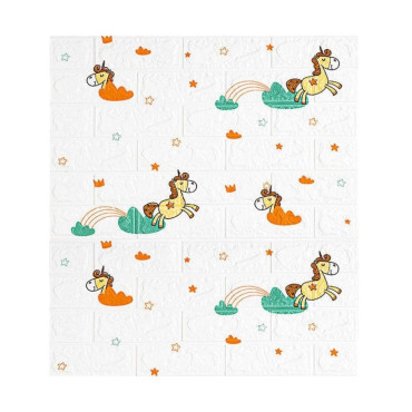Set 10 Placi Tapet 3D,  70 x 77 cm, Grosime 3 mm, din Polietilena, Tip Caramida, Model Unicorni, Suprafata acoperita 5.3 mp, Alb