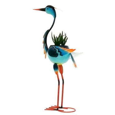 Decoratiune pentru Gradina,  Flamingo pentru Gradina cu Suport pentru Plante Flori, Ornament de Ghiveci de Flori, Model Flamingo, din Fier, 71 x 34 x 22 cm, Albastru