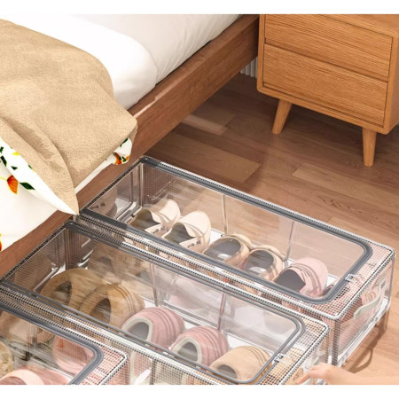 Cutie de Depozitare pentru Pantofi,  40x30x21 cm, din Plasa PVC Impermeabila si Cadru de Otel, Pliabila, Fermoar Bidirectional, Transparenta