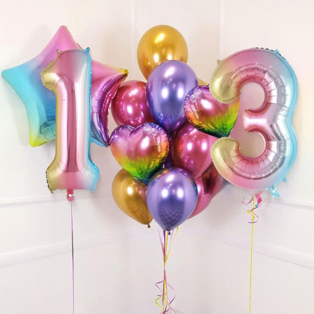 Balon din Folie Metalizata Cyrax, Figurina Cifra Gradient, Tema Aniversare 40 cm, Ambalaj Individual, Pai inclus, Umflare cu Aer sau Heliu, Multicolor, Cifra 3
