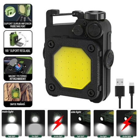 Lanterna Mini de Buzunar Tip Breloc,  Incarcare prin USB Type C, Multifunctionala, pentru Exterior, Camping, Alpinism, Ciclism, Mini Lanterna Elvis, 6.1 x 5 x 2.5 cm, Lumina Puternica, Culoare Negru