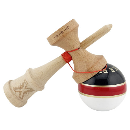 Kendama X ROYAL SPIKE Originala, Profesionala, Cyrax, Big Cups V2, Super Sticky cu Cupe Mari, Rulment Metalic, din lemn 18 cm, Ata 55 cm, Negru/Rosu Gold/Alb