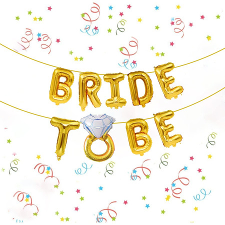 Set Baloane din Folie Metalizata, Cyrax, Model Bride to Be cu Inel de Logodna, Litere de 40 cm, Baloane Party, Ambalaj Individual, Pai Inclus, Umflare cu Aer sau Heliu, Auriu