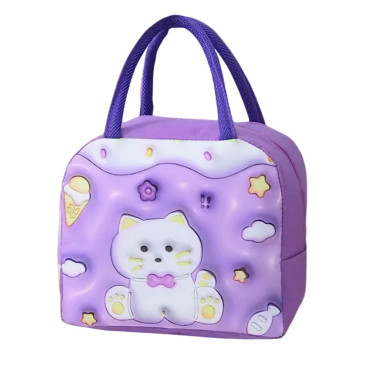 Geantă Frigorifică, Cyrax, cu Desene Animate 3D, Portabilă pentru Copii, de Prânz, din Pânză Oxford, 23x13x19 cm, Model Pisicuta, Mov