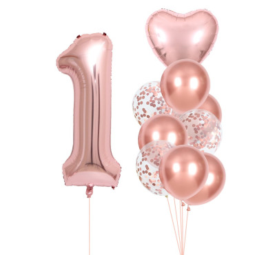 Set 10 Baloane Folie si Latex, Cyrax, Tematica Aniversare, Baloane Latex 25cm, Figurina Inimioara 45 cm, Cifra 1 de 81 cm, Ambalaj Individual, Pai Inclus, Umflare cu Aer sau Heliu, Roz Pal