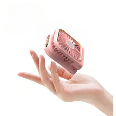 Ventilator Portabil  3 in 1, de Mana, de Gat, de Birou, 16.7 x 8 x 1.9 cm, 3 Trepte de Viteza, Incarcare USB, Pliabil, Afisaj Digital, Suport Telefon, Roz