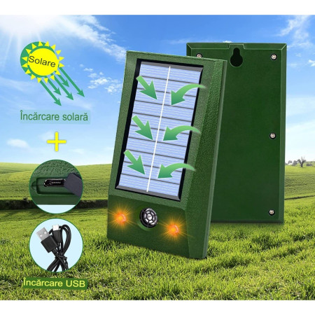Aparat Solar LED cu Ultrasunete,  Repelent pentru Animale Mari si Mici, Lumina Rosie si Alba, Anti Rozatoare, Anti Insecte, Frecventa 9-36.5KHZ, 12 X 6.5 cm, Verde