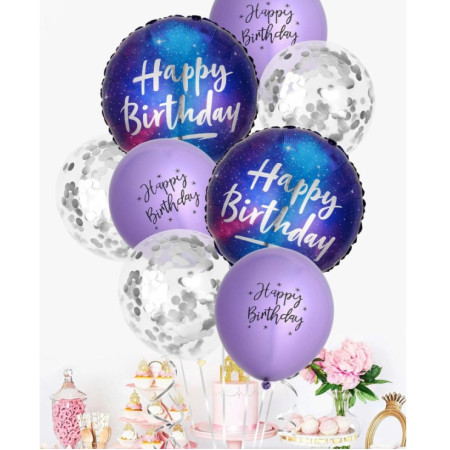 Balon din Folie Metalizata, Cyrax, Mini Figurina Rotunda, Model Cer Instelat, Happy Birthday, Tematica Aniversare, 45 cm, Ambalaj Individual, Pai Inclus, Umflare cu Aer sau Heliu, Multicolor