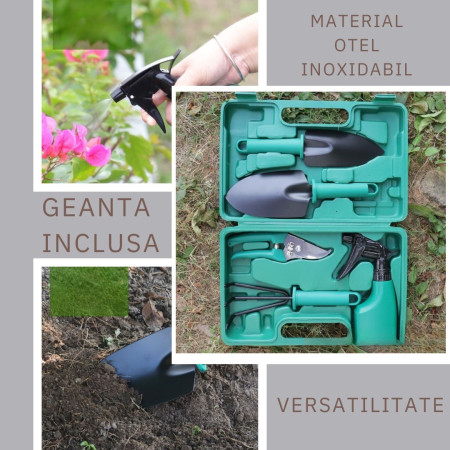 Set 5 accesorii pentru gradinarit  geanta depozitare inclusa, otel inoxidabil, 18.5 x 29.5 cm, verde