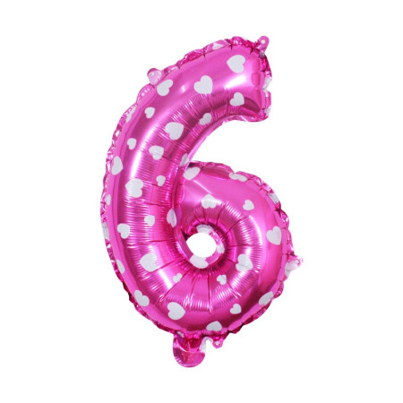 Balon din Folie Metalizata Cyrax, Figurina Cifra, Imprimeu Inimi, Tema Aniversare 80 cm, Ambalaj Individual, Pai inclus, Umflare cu Aer sau Heliu, Roz, Cifra 6