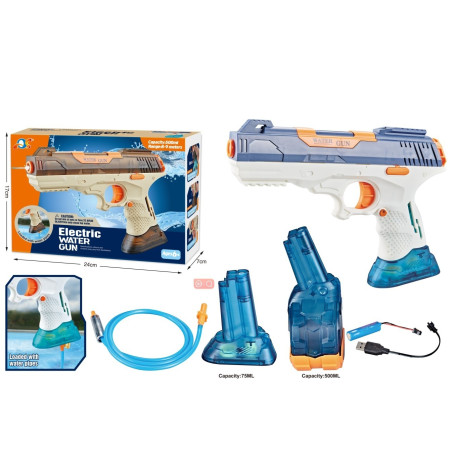 Pistol cu Apa Electric, Cyrax, 2 Rezervoare 75/350 ml, din ABS+Silicon, Baterie, Incarcare USB, Conectare la Furtun, +6 Ani, Albastru