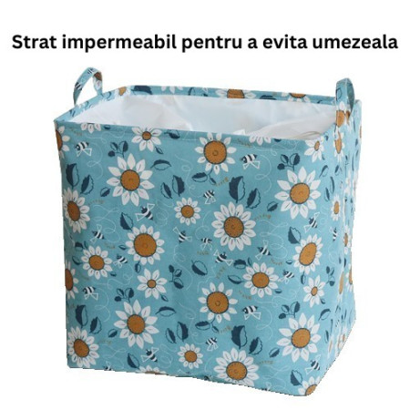 Cos depozitare,  Capac cu Snur, 175 L, Confectionat din Bumbac si un Strat Impermeabil, 50 x 50 x 70 cm, Albastru Deschis, Imprimeu Flori
