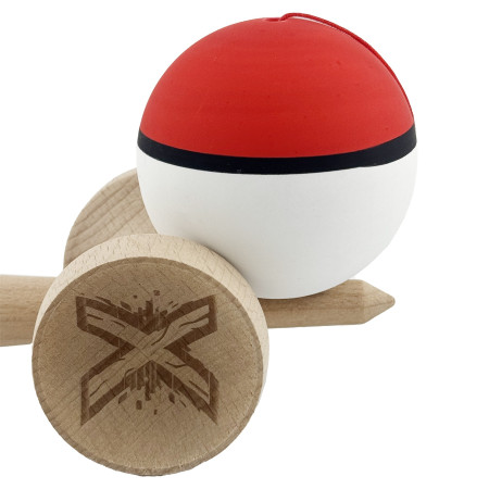 Kendama X Originala, Profesionala, Cyrax, Cupe Mari KING SIZE V3, Rubber Grip, Gaura in Baza, Rulment Metalic, din lemn 18 cm, Ata 62/65 cm, S Bicolor Rosu/Alb