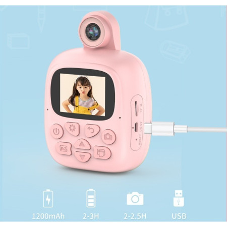 Camera Instantanee pentru Copii, Cyrax, Camera Frontala + Selfie, cu Functie de Printare, Cablu USB-C, Bluetooth, Compatibil iOS/Android, Imprimare APP, Model Bunny, Roz