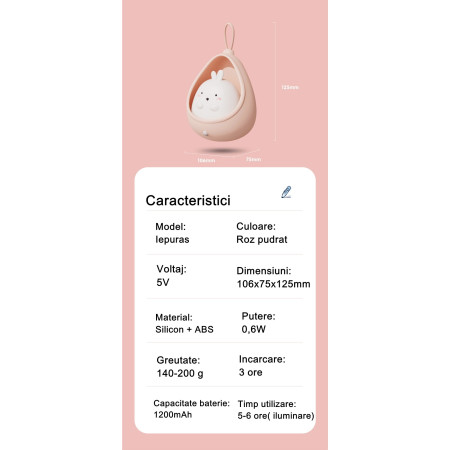 Lampa de veghe portabila cu 2 moduri de functionare  silicon non-toxic, reincarcabila USB, senzor miscare, albastru, pisicuta