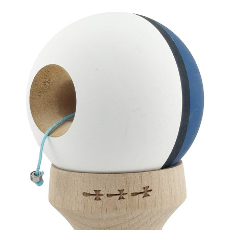 Kendama X Originala, Profesionala, Cyrax, Cupe Mari KING SIZE V3, Rubber Grip, Gaura in Baza, Rulment Metalic, din lemn 18 cm, Ata 62/65 cm, S Bicolor Albastru inchis/Alb