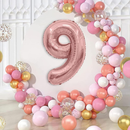 Balon din Folie Metalizata Cyrax, Figurina Cifra, Tema Aniversare 100 cm, Ambalaj Individual, Pai inclus, Umflare cu Aer sau Heliu, Coral, Rose Gold, Cifra 9