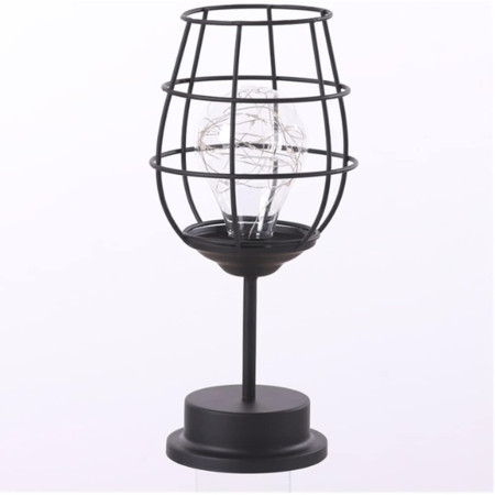 Lampa Decorativa cu Leduri,  Model Pahar de Vin, cu Baterii, 13 x 13 x 28 cm, Suport Negru, Lumina Alb Cald