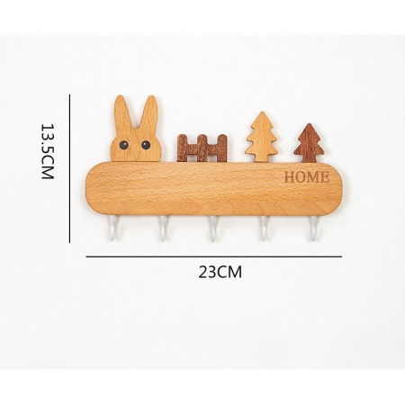 Suport pentru Chei,  din Lemn, Aplicare fara Perforare, Adeziv Inclus, 5 Carlige Albe, Model Iepure, Greutate Suportata 5 kg, 13.5 x 22 cm, Maro