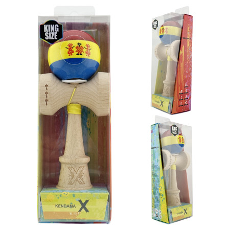 Kendama X Originala, Profesionala, Cyrax, Tricolor Edition Stil Romanesc, Super Sticky cu Cupe Mari KING SIZE V3, Rulment Metalic si Gaura in Baza, din Lemn 18 cm, Ata 62/65 cm, Multicolor