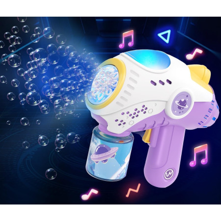 Jucarie Interactiva pentru Baloane de Sapun, Cyrax, Sunete si Lumini, Model Pistol, cu 8 Orificii, 19 x 8.8 x 16.3 cm, Mov