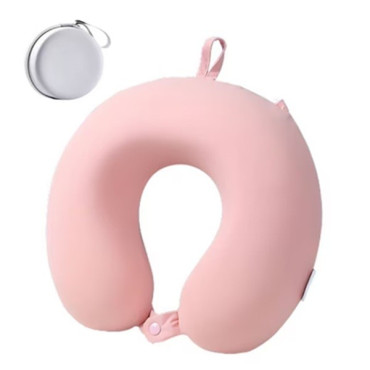 Perna de Calatorie in Forma de U,  Pentru Gat si Cap, Umplutura din Spuma cu Memorie, 30x30 cm, Sistem Prindere Capse, Cutie de Depozitare, Roz