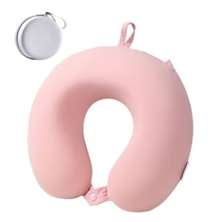 Perna de Calatorie in Forma de U,  Pentru Gat si Cap, Umplutura din Spuma cu Memorie, 30x30 cm, Sistem Prindere Capse, Cutie de Depozitare, Roz