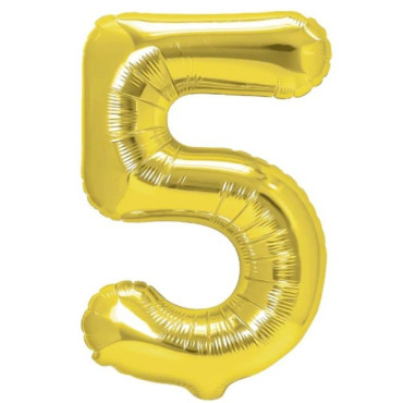 Balon din Folie Metalizata Cyrax, Figurina Cifra, Tema Aniversare 100 cm, Ambalaj Individual, Pai inclus, Umflare cu Aer sau Heliu, Auriu, Cifra 5