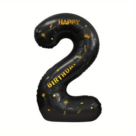 Balon din Folie Metalizata Cyrax, Figurina Cifra si Coroana, Scris Happy Birthday, Tema Aniversare 100 cm, Ambalaj Individual, Pai inclus, Umflare cu Aer sau Heliu, Negru, Cifra 2