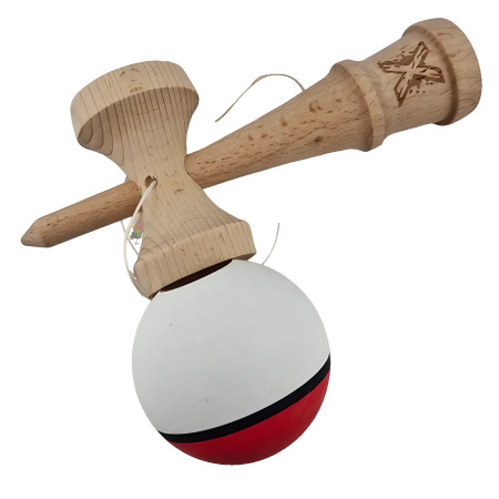 Kendama X Originala, Profesionala, Cyrax, din Lemn, Rubber Grip, 18 cm, Rosu/Alb