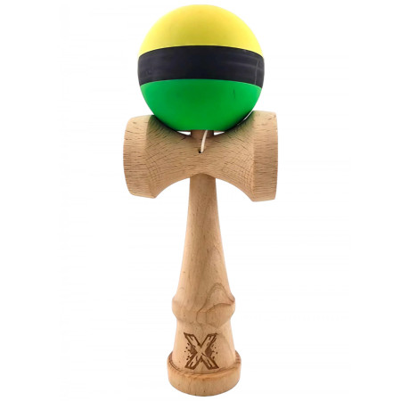 Kendama X Originala, Profesionala, Cyrax, din Lemn, Rubber Grip, 18 cm, Galben/Negru/Verde