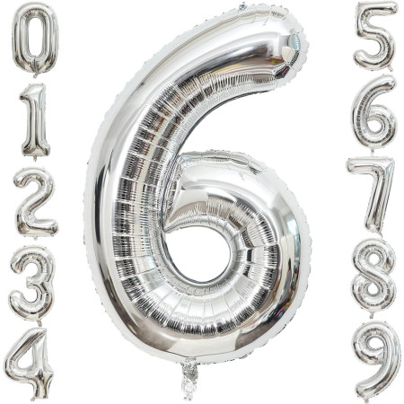 Balon din Folie Metalizata Cyrax, Figurina Cifra, Tema Aniversare 40 cm, Ambalaj Individual, Pai inclus, Umflare cu Aer sau Heliu, Argintiu, Cifra 6