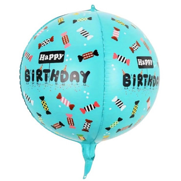 Balon din Folie Metalizata, Cyrax, Figurine 4D, Model Happy Birthday, Tematica Aniversara Bombonele, 63x24 cm, Ambalaj Individual, Pai Inclus, Umflare cu Aer sau Heliu, Blue