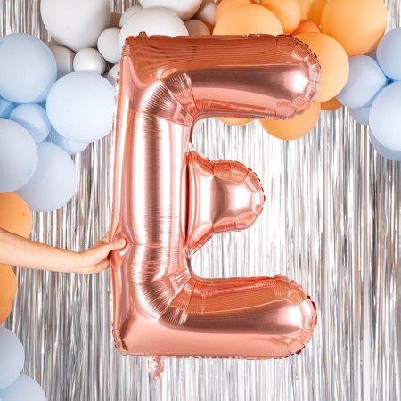 Balon Folie Metalizata Litera E, Cyrax, 100 cm, Umflati cu Heliu sau Aer, Ambalaj Individual, Pai inclus, Rose Gold