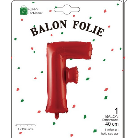 Balon Folie Metalizata Litera F, Cyrax, 40 cm, Umflati cu Heliu sau Aer, Ambalaj Individual, Pai inclus, Rosu