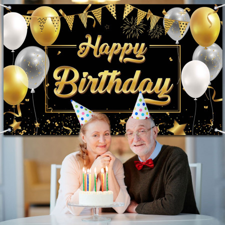 Banner Tip Fundal pentru Poze, Cyrax, din Panza, Model Happy Birthday to You, 185 x 110 cm, Sfoara 6 m, Prindere in 4 Colturi, Negru/Auriu