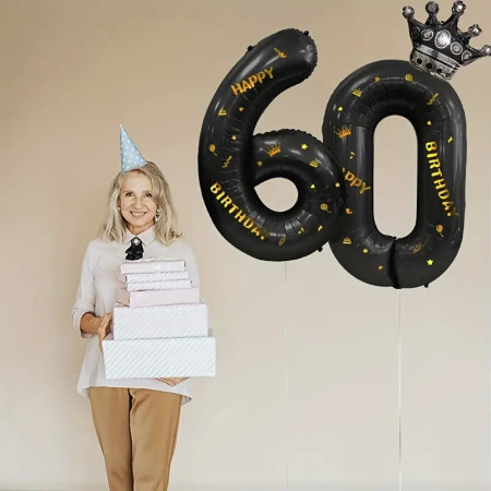 Balon din Folie Metalizata Cyrax, Figurina Cifra si Coroana, Scris Happy Birthday, Tema Aniversare 100 cm, Ambalaj Individual, Pai inclus, Umflare cu Aer sau Heliu, Negru, Cifra 0