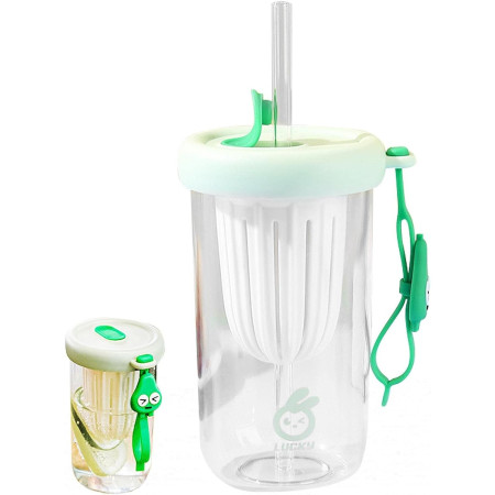 Pahar din silicon, cu capac si pai, pentru copii, Cyrax, anti-cadere, compartiment pentru fructe/ceai/gheata, rezistent la temperaturi inalte, 500ml, Verde, 14.5x8.8x20 cm