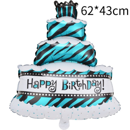 Balon din Folie Metalizata, Cyrax, Model Tort cu 4 Straturi, Balon Aniversar, Model Happy Birthday, 62x43 cm, Ambalaj Individual, Pai inclus,  Umflare cu Aer sau Heliu, Albastru