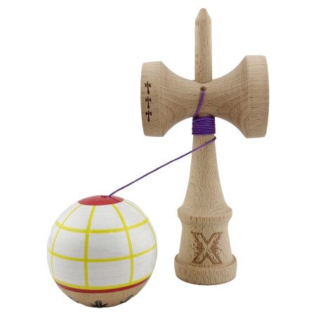 Kendama X Originala, Profesionala, Cyrax, Big Cups V2, Model Glob Super Sticky Legendary Cupe Mari, Rulment Metalic cu Ata 55 cm, Alb/Galben/Rosu